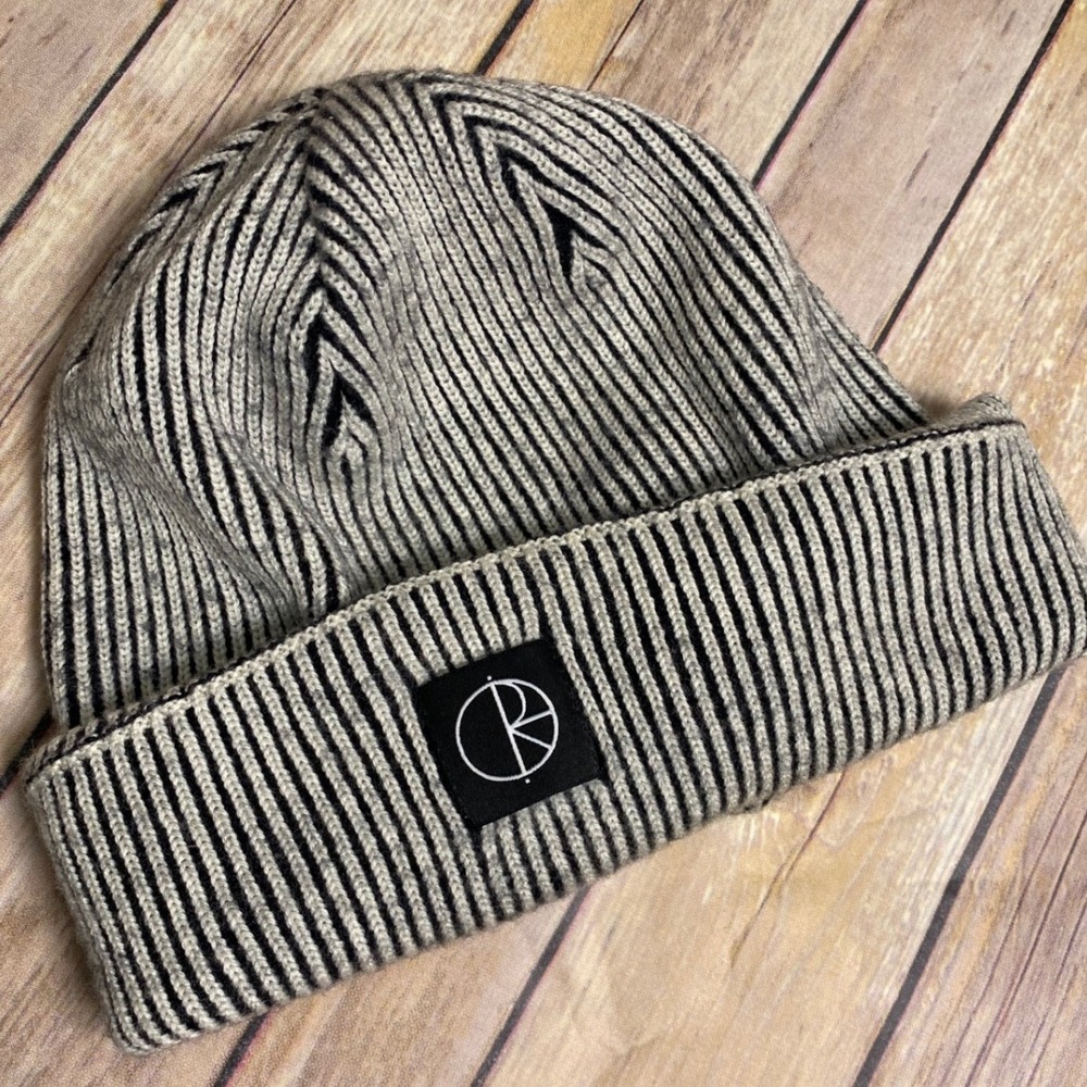 Polar Skate Co Lines Beanie 100% Merino Wool White Black Ribbed Knit Hat Unisex